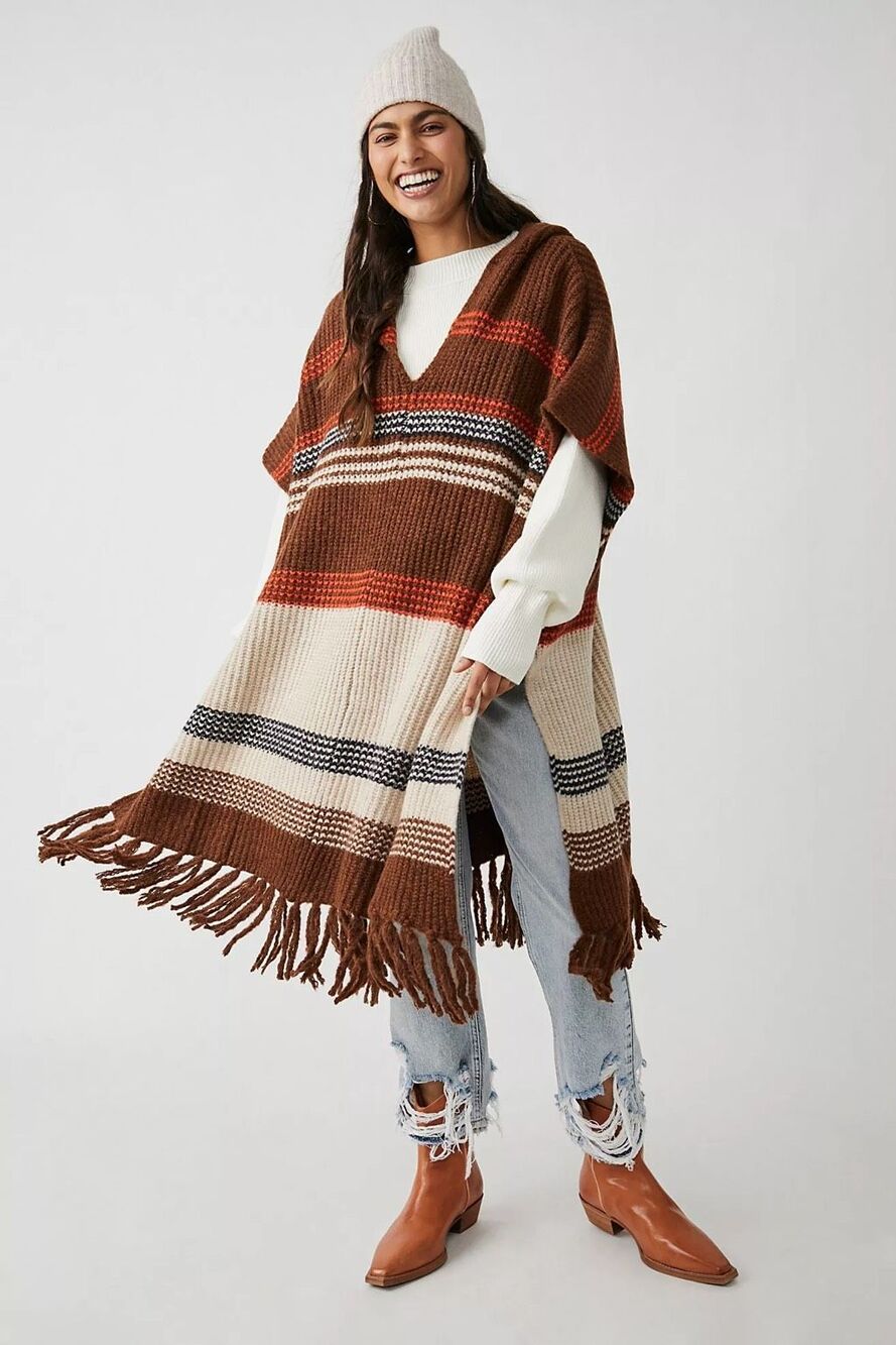 Free People Leslie Striped Boho Poncho in Brown One Size
